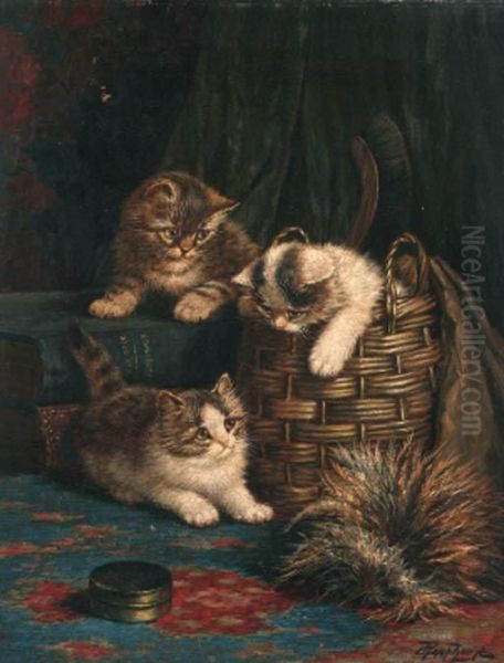 Kittens In A Wicker Basket Oil Painting by Cornelis Raaphorst