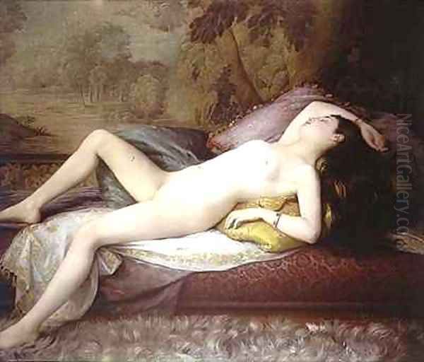 Nude lying on a chaise longue Oil Painting by Gustave-Henri-Eugene Delhumeau