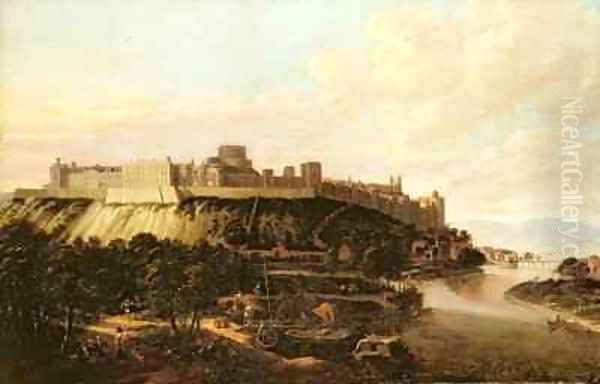 A View of Windsor Castle with Figures and Vessels on the River Thames Oil Painting by Hendrick Danckerts