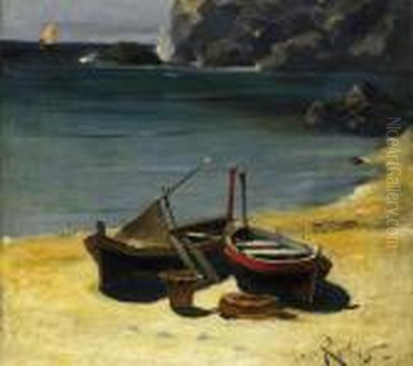 Fishing Boats On The Beach Of Capri Oil Painting by Max Friedrich Rabes