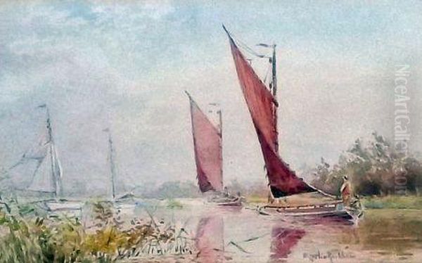 Sailing Boats On The Broads Oil Painting by William Leslie Rackham