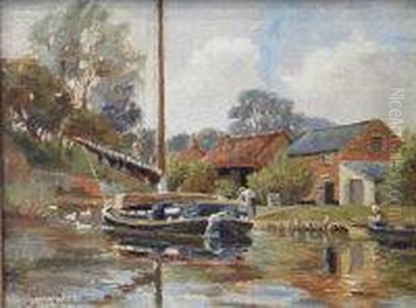 Barges At Wayford Oil Painting by William Leslie Rackham