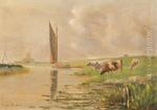 Cattle Grazing Before St Benet's Abbey Oil Painting by William Leslie Rackham