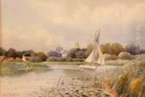 A White Hulled Yacht On The Broads Oil Painting by William Leslie Rackham