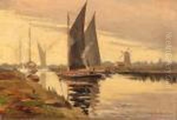 Wherries Leaving Acle Oil Painting by William Leslie Rackham