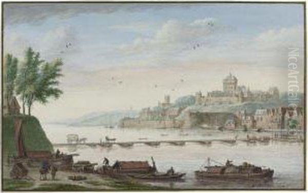 View Of Nijmegen, With Boatmen Loading Barges In Theforeground Oil Painting by Abraham Rademaker