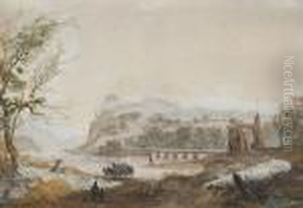 A River Landscape With A Horse 
And Carriage On The Banks And A Figures On A Bridge Beyond Oil Painting by Abraham Rademaker