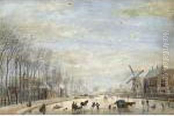 Winter Landscape With Skaters And Sledges On A Frozen River Running Through A Town Oil Painting by Abraham Rademaker