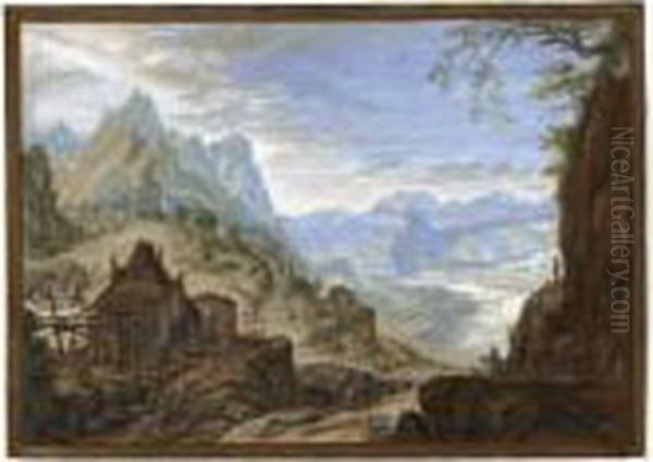 Rhine Landscape, With A 
Watermill To The Left And A Group Of Travellers At A Spring To The Right Oil Painting by Abraham Rademaker