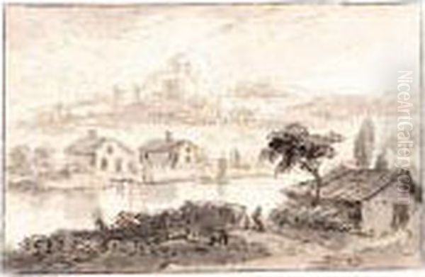 Italianate Landscape With Houses By A River And Hills Behind Oil Painting by Abraham Rademaker