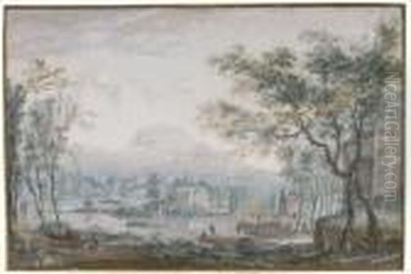 A River Landscape With Country Houses Oil Painting by Abraham Rademaker