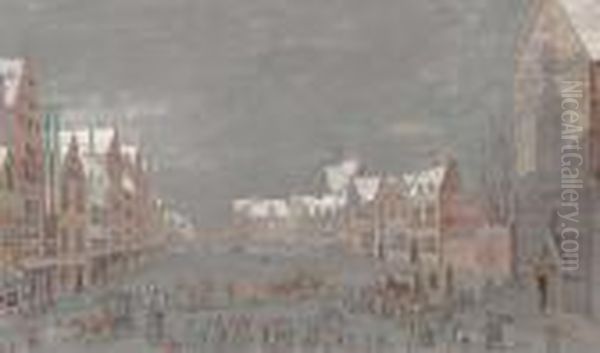 Figures In An Elegant Square In Winter, The Roofs Of A Church Seenbeyond Oil Painting by Abraham Rademaker