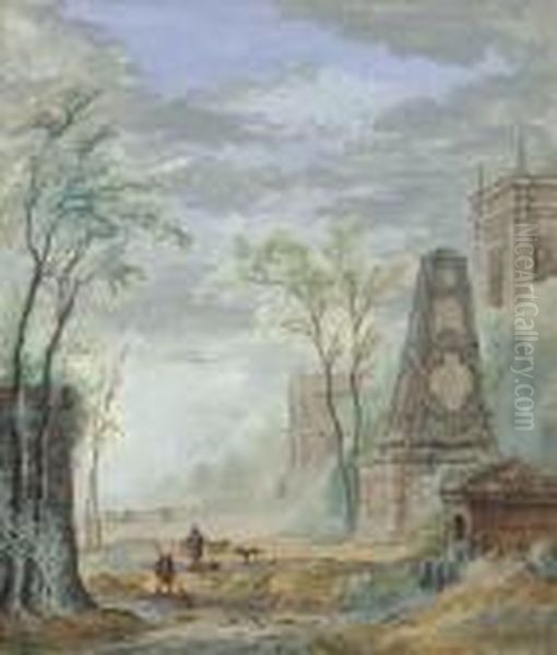 Water Carriers Before Classical 
Ruins; And Figures Netting Before Aclassical Monument With A Palazzo 
Beyond (illustrated) Oil Painting by Abraham Rademaker