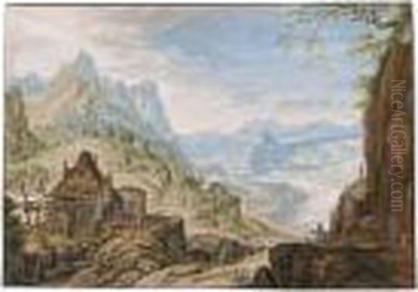 Rhine Landscape With A Mill, And Figures On A Path To The Right Oil Painting by Abraham Rademaker