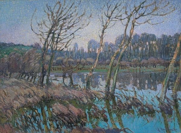 A River Landscape Near Giverny At Dusk Oil Painting by Vaclav Radimsky