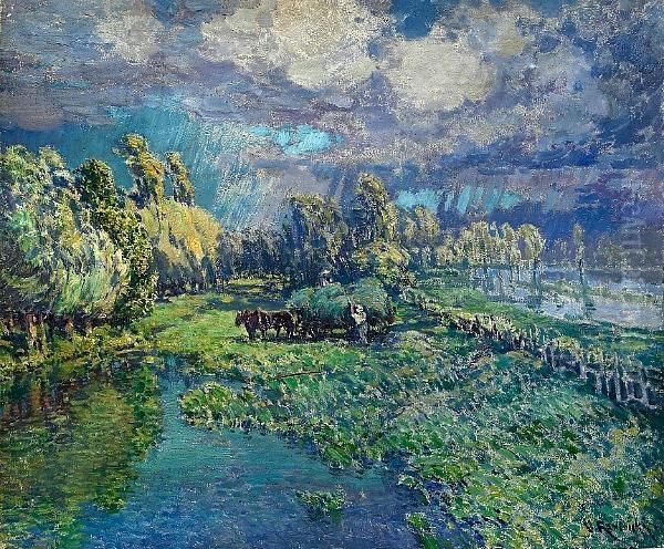 A River Landscape With Figures Harvesting Oil Painting by Vaclav Radimsky