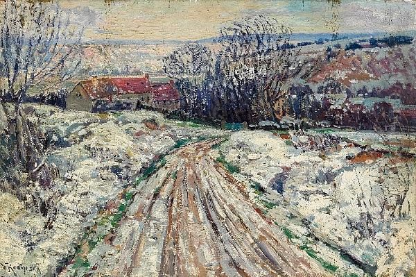 A Winter Landscape With A Track And A Village Beyond Oil Painting by Vaclav Radimsky