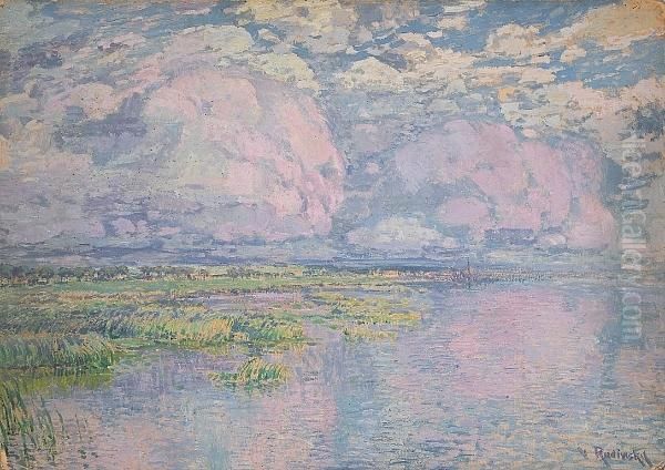 Pink Clouds Over A Marshy River Landscape Oil Painting by Vaclav Radimsky