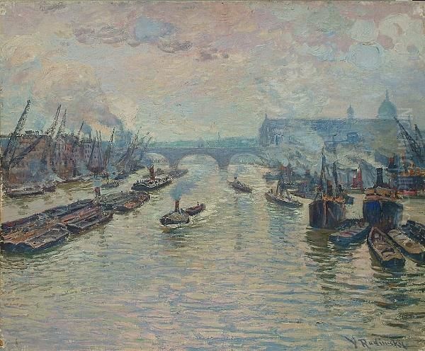 Busy Wharves On The Thames Oil Painting by Vaclav Radimsky