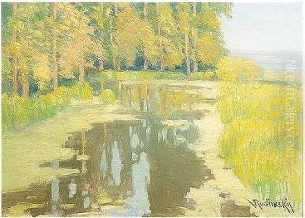 Forest Lake, Signed, Oil On Oil Painting by Vaclav Radimsky