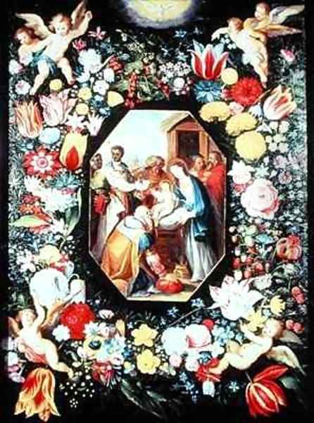 Adoration of the Magi framed in a garland of flowers Oil Painting by Andries Daniels or Danielsz