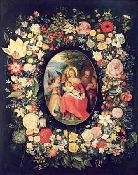 The Holy Family Framed by a Garland of Flowers Oil Painting by Andries Daniels or Danielsz