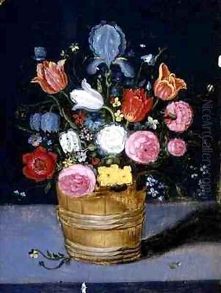 Still Life of Flowers in a Wooden Tub Oil Painting by Andries Daniels or Danielsz