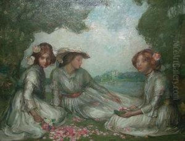 Three Women With Flowers By The 
Shores Of A Lake With Woodland And A Castle In The Distance Oil Painting by Henrietta Rae