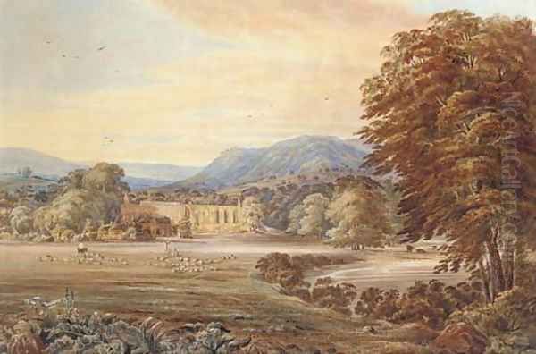 Shepherds herding their flock before Bolton Abbey, Yorkshire Oil Painting by Thomas, Junior Dingle