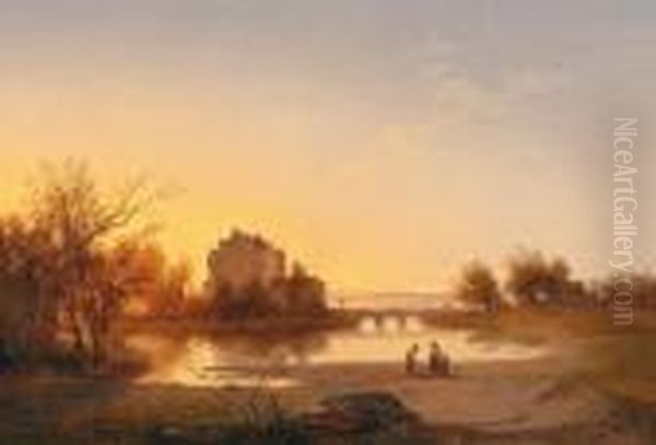 Blick Auf Ein Wasserschlos Im Abendlicht Oil Painting by Ignaz Raffalt