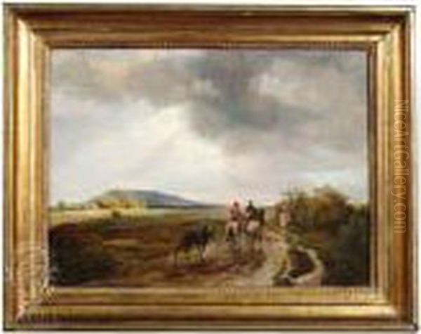 Two Soldiers Onhorseback Encountering A Peasant Woman Oil Painting by Ignaz Raffalt