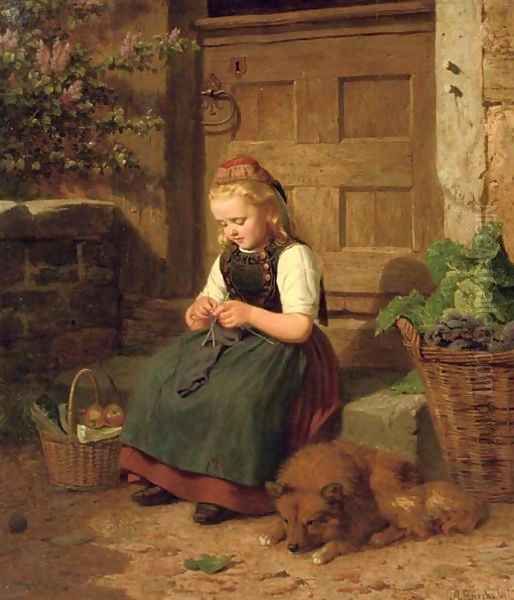 A young girl knitting Oil Painting by Auguste Dircks