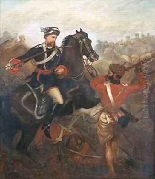 Lieutenant Frederick Robertson Aikman 1828-88 earning the Victoria Cross at Lucknow during the Indian Mutiny on 1st March 1858 Oil Painting by Chevalier Louis-William Desanges