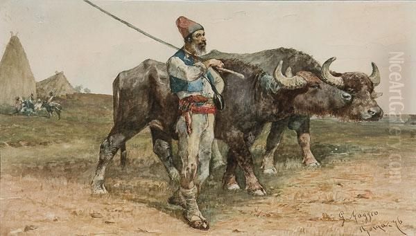 A Herder With Buffalo Oil Painting by Giuseppe Raggio