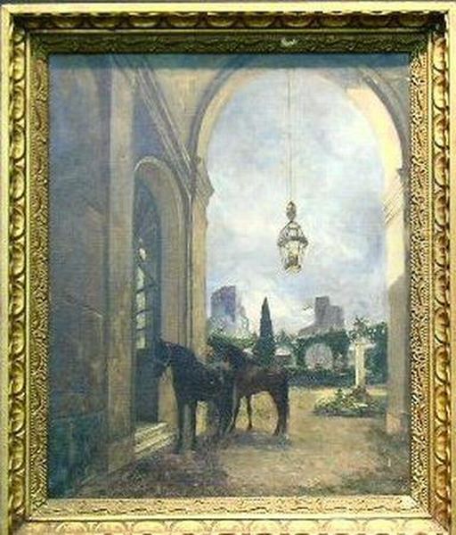 Horses In A Courtyard Oil Painting by Giuseppe Raggio