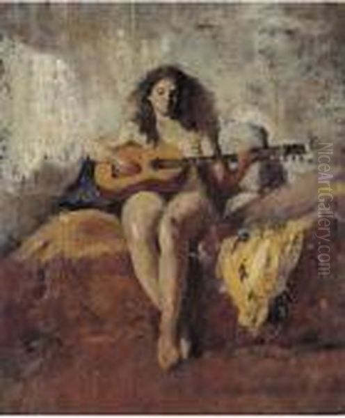 Nudo Femminile Con Chitarra Oil Painting by Raffaele Ragione