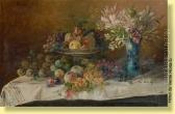 Table Garnie De Fleurs Et De Fruits Oil Painting by Jules Felix Ragot