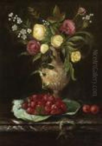 Blumenstillleben Mit Erdbeeren Und Kirschen. Oil Painting by Jules Felix Ragot