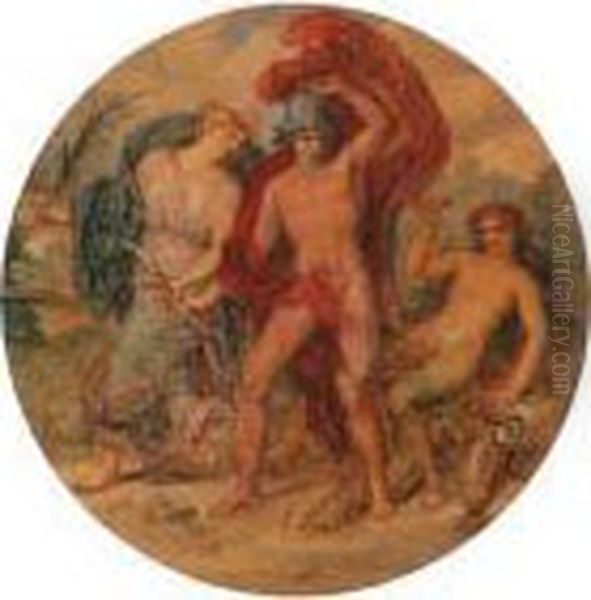 Umkreis Mythologische Szene Mit Soldat Und Zwei Musen Oil Painting by Carl Rahl