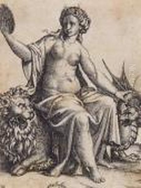 Woman With Dragon Oil Painting by Marcantonio Raimondi