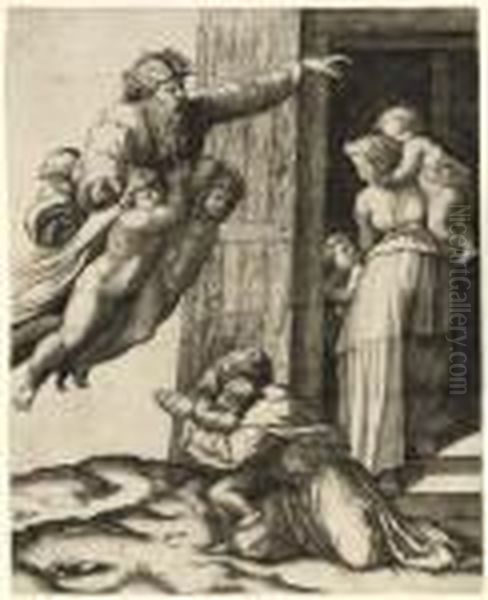 God Appearing To Noah (b. 3; Shoemaker & Brown 24) Oil Painting by Marcantonio Raimondi