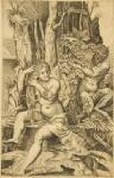 Pan Belauscht Die Nymphe Syrinx. Oil Painting by Marcantonio Raimondi