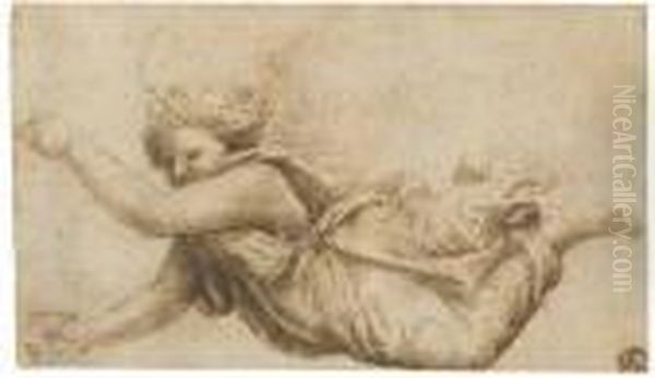 A Flying Angel, After Raphael (recto); A Mountainous Landscape With Houses (verso) Oil Painting by Marcantonio Raimondi