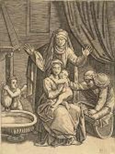 The Virgin And The Cradle Oil Painting by Marcantonio Raimondi