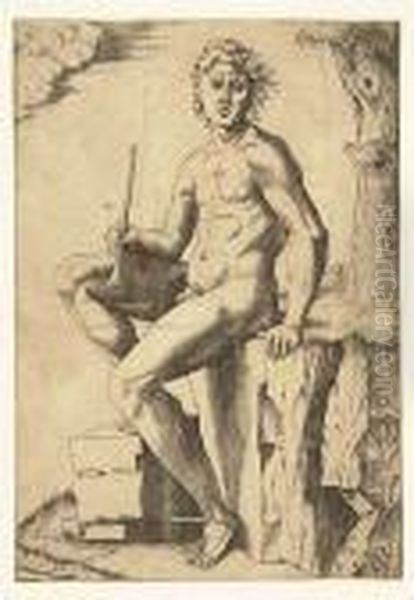 Young Man With A Flute<</b> Oil Painting by Marcantonio Raimondi