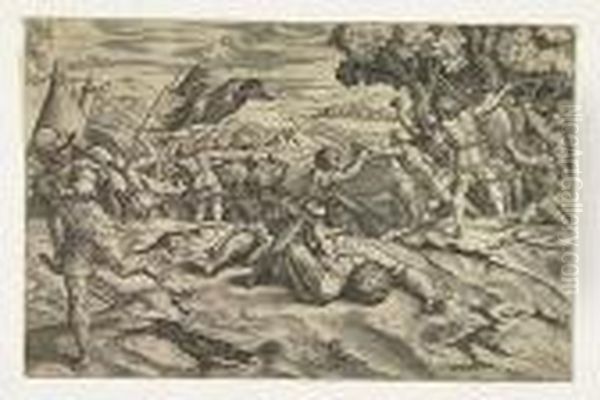 David Slaying Goliath<</b> Oil Painting by Marcantonio Raimondi