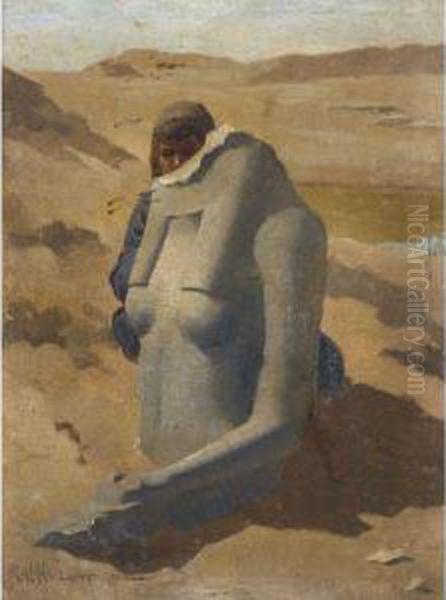 Child Hiding Behind An Egyptian Statue Oil Painting by Theodore Jacques Ralli