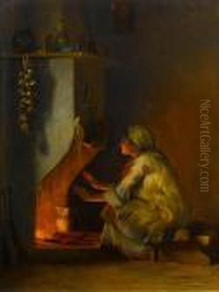 Young Girl By A Fire Oil Painting by Theodore Jacques Ralli