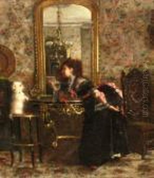 Lady With A Dog By A Mirrorin An Interior Oil Painting by Theodore Jacques Ralli