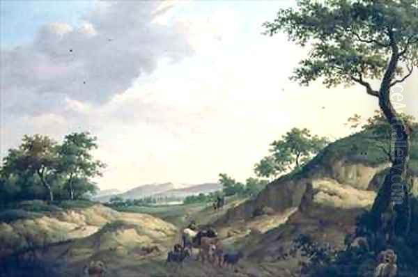 A wooded landscape with herdsmen and animals on a rock Oil Painting by Dionys van Dongen